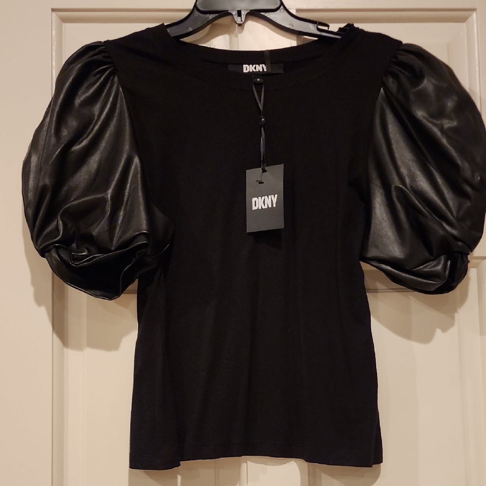 DKNY Black Puff-Sleeve Top with Faux-Leather Sleeves